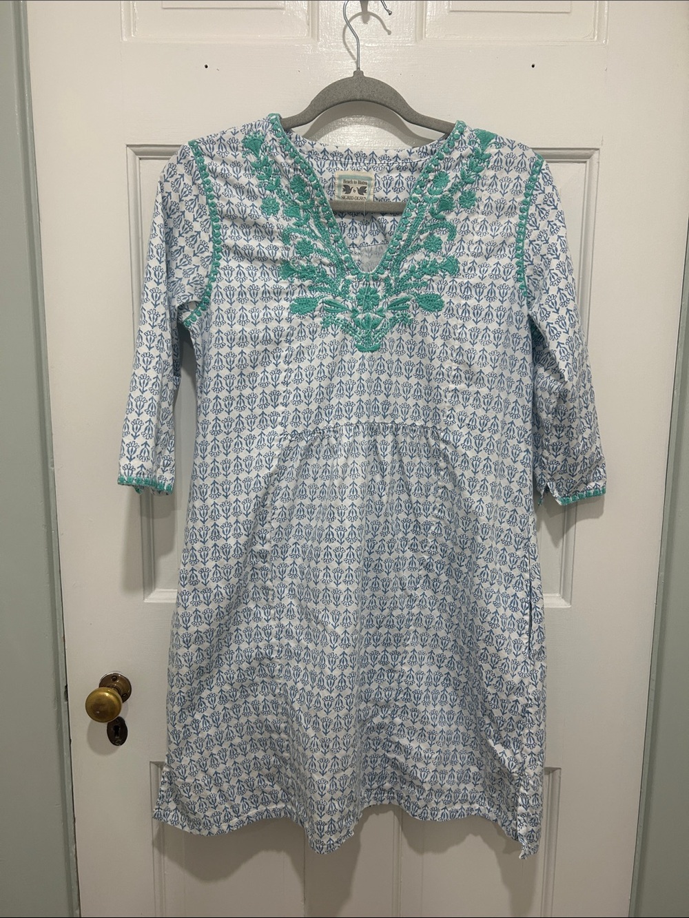 Sigrid Olsen Blue Printed Cotton Beach Coverup with Green Embroidered Yoke